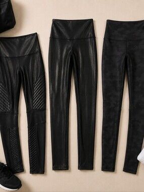 SPANX Lot Of 3 Black Leather Look Athleisure Leggings. Ladies Large